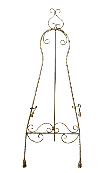 Large Gold Twisted Rope Floor Easel. Display your Art, Pictures or Corporate Signage. Choose from 6 different Easel Styles to rent. Royal Table Settings Vintage Party Rentals