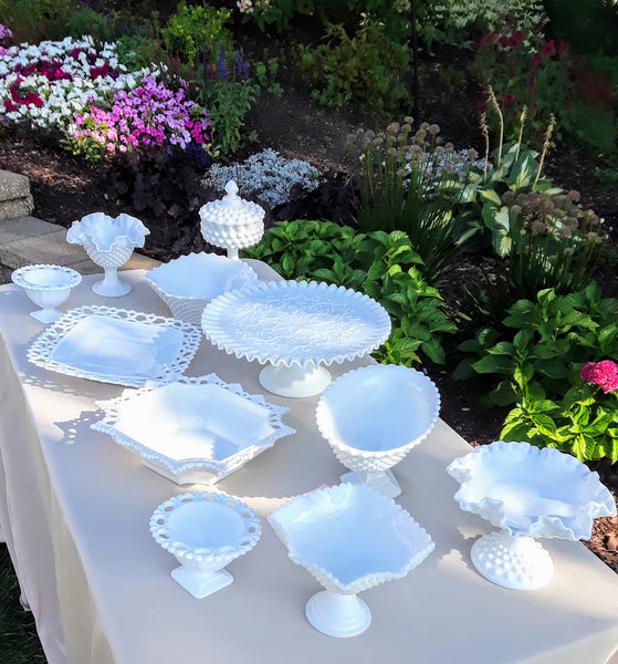 White Glass Cake Stands, candy dishes and more by Royal Table Settings