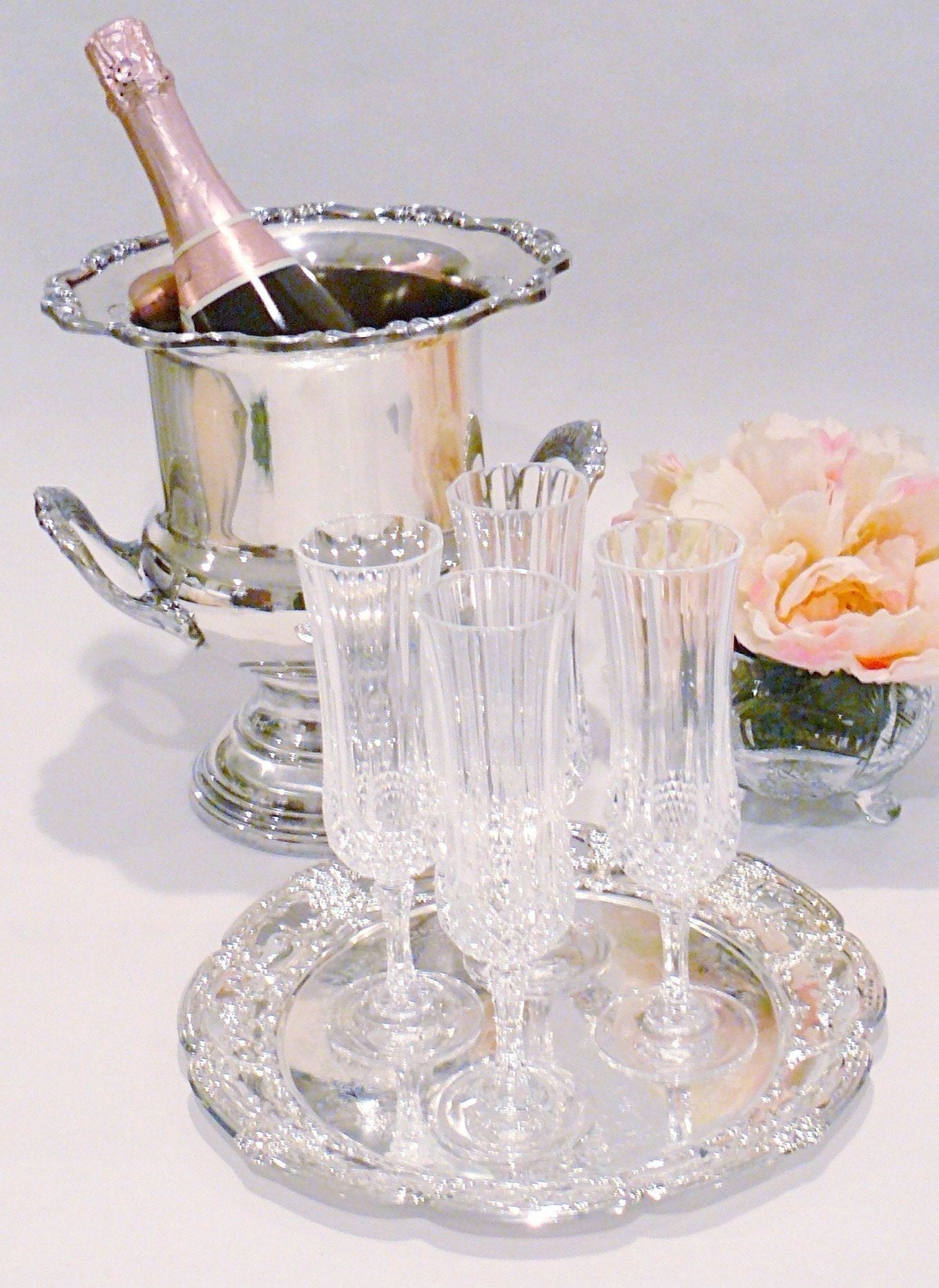 Vintage Champagne Bucket with Crystal Champagne Flutes