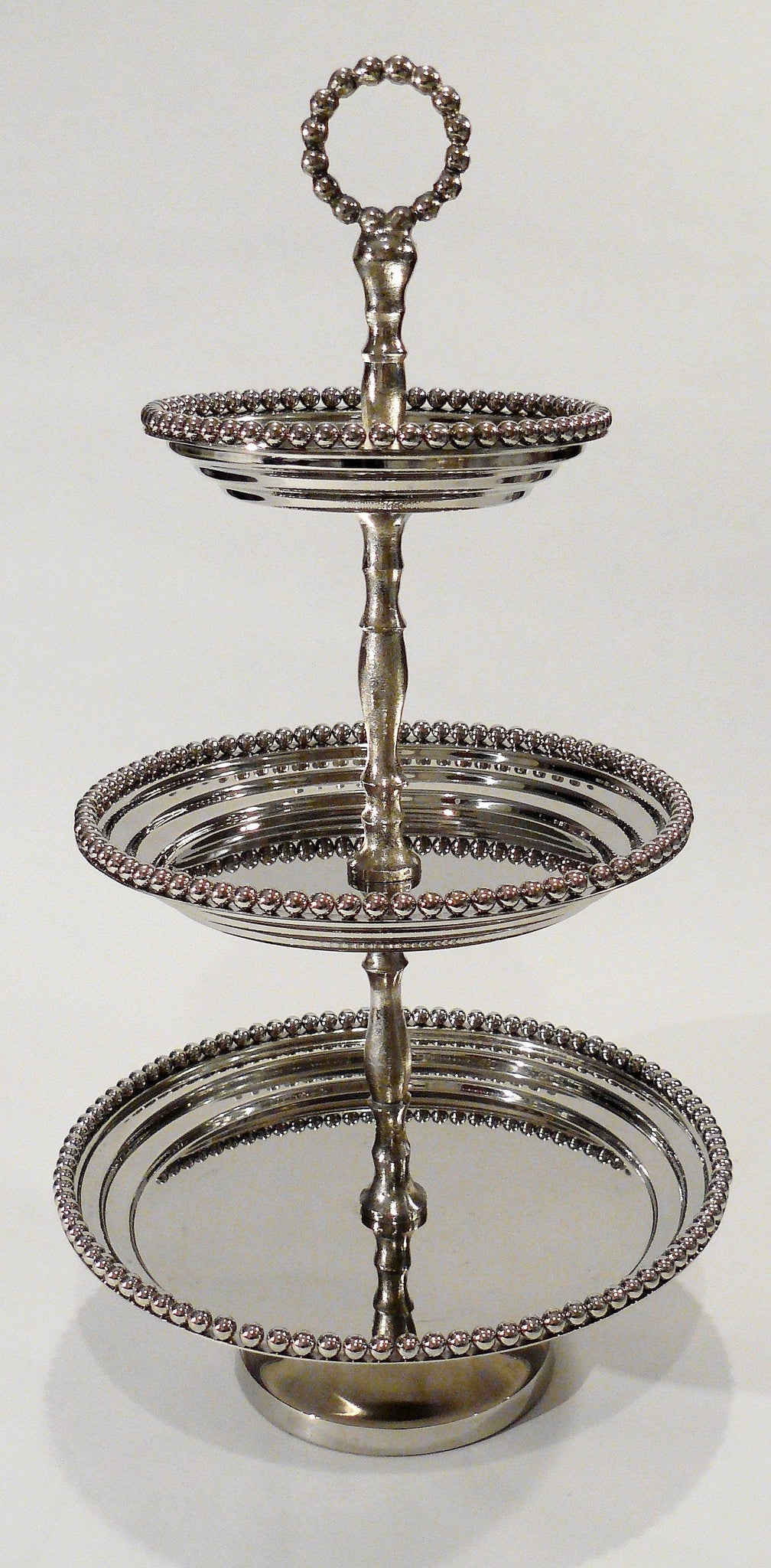 Large 3-Tier Silver-Plated Beaded Cake Stand perfect for your sweets table. Party rentals with Royal Table.
