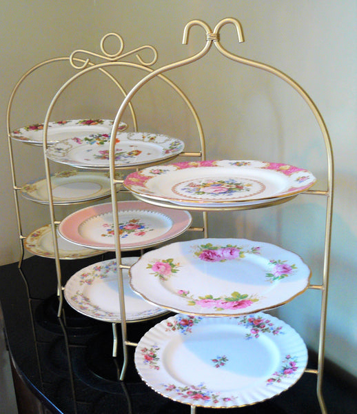 3-Tier Stand Gold Frame with Vintage Plates. Vintage Party Rentals. Royal Table Settings.