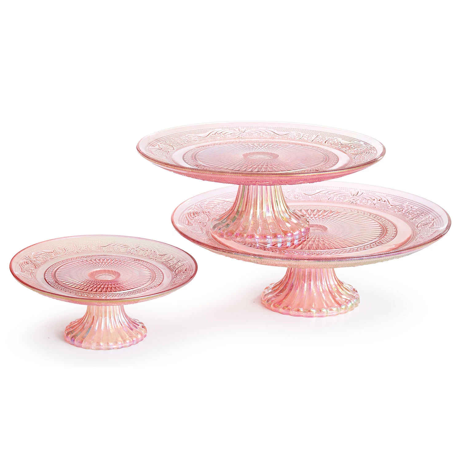 Pink Iridescent Pedestal Cake Stands Vintage Rentals by Royal Table Settings. Ponk glassware rentals. 