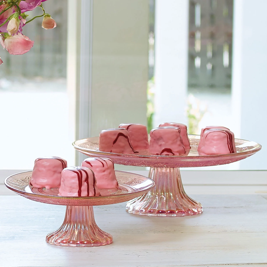 Pink Ruffle Cake Stand Pink Iridescent Pedestal Cake Stands - Royal Table Settings – Royal ...
