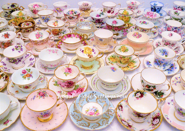 Royal Table Settings Teacup Party Rentals. Vintage Party rentals. Over 300 tea cups for your event.