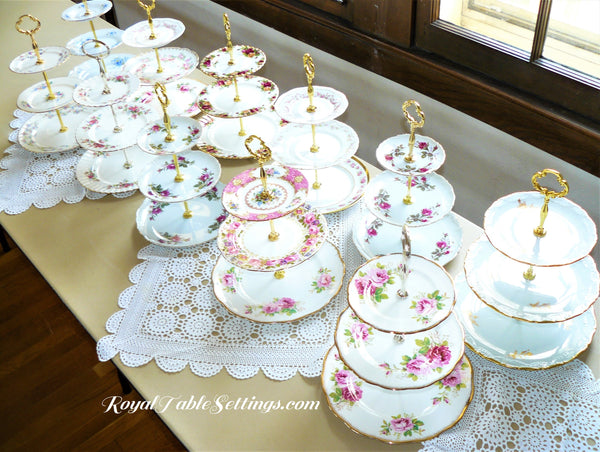 Royal Table Settings 3-Tier Porcelain Cake Stands Sets. Party Rentals. Royal Table Settings.