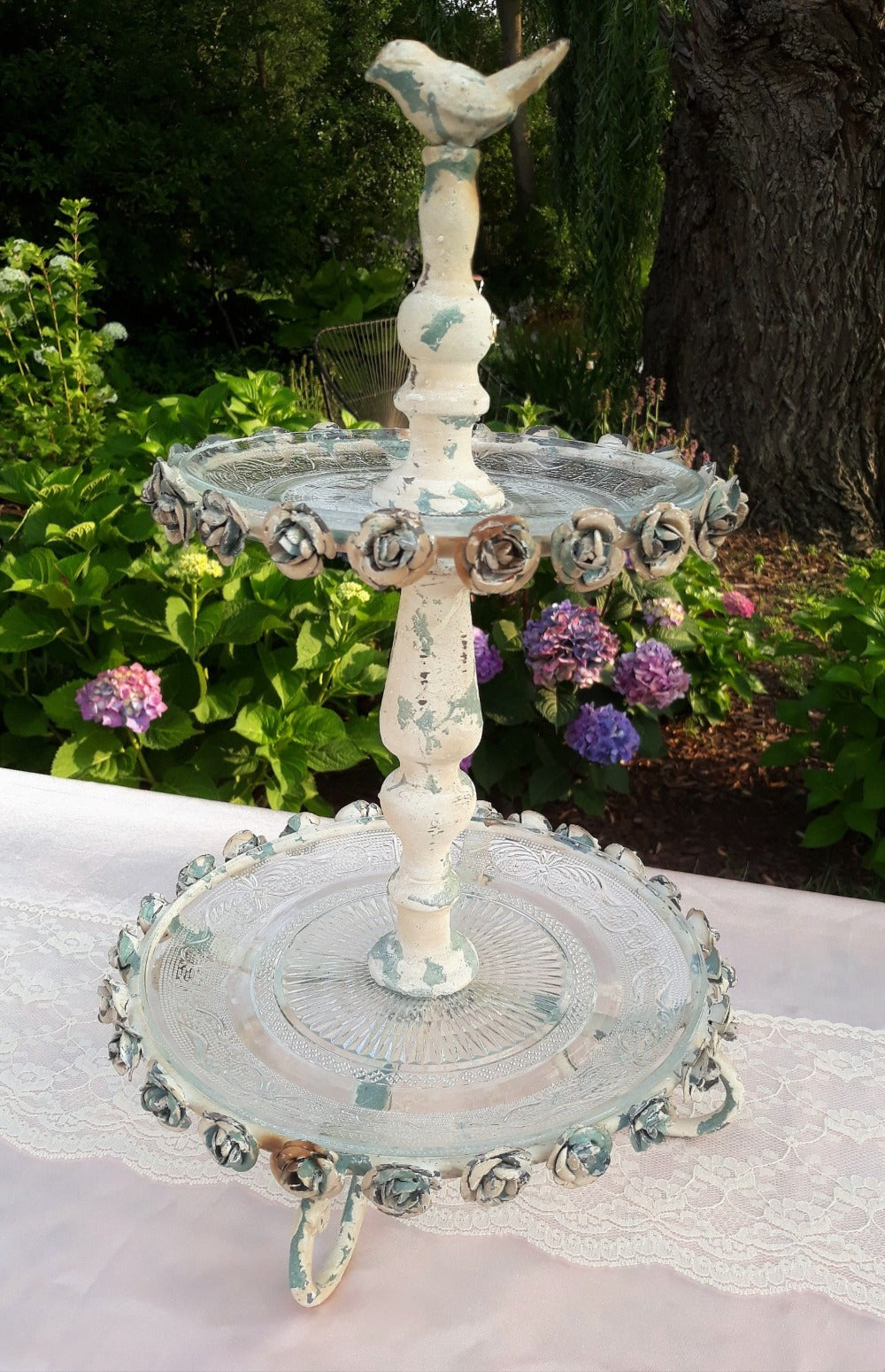 2-Tier Rustic Glass Stand with Roses & Bird - Vintage Party Rentals - Royal Table Settings