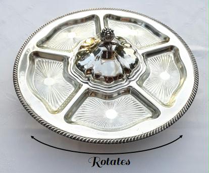 Large Rotating Silver-Plate Serving Tray with 5 Glass Dividers. Vintage party rentals by Royal Table Settings. 