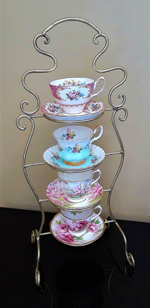 Teacup 4-Tier Gold Display Stand for rent by Royal Table Settinbgs. Perfect for your Tea Party.
