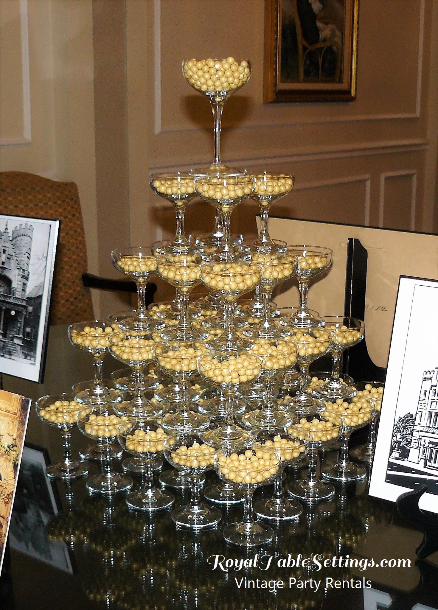 Rent our Champagne Tower for your wedding, corporate celebration, Quinceañera, or Mitzvah! Party Rentals by Royal Table Settings. Champange Glasses for Rent.