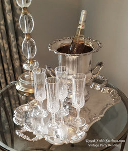 Toasting Display Inclueds Champagne Glasses, Silver-Plated Tray & Bucket. Elegant Party Rentals by Royal Table Settings