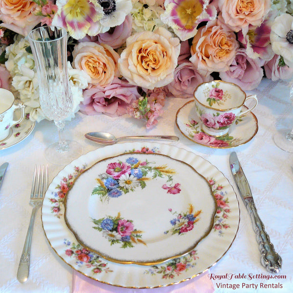 Royal Table Settings Vintage Rentals includes: Dinner Plates, Teacups, Silver-Plated Silverware and Napkin. Beautiful China Rentals. Vintage Party Rentals. China rentals. Dinner Plate Rentals.