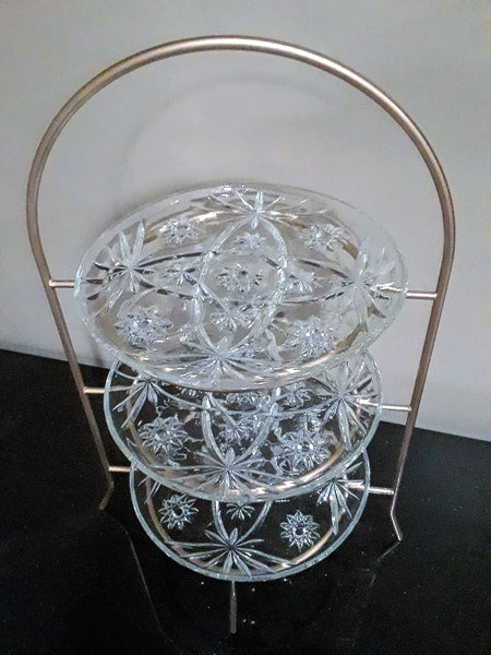 High Tea 3-Tier Stand With Vintage Glass Plates - Gold Frame. Vintage Party Rentals. Royal Table Settings.