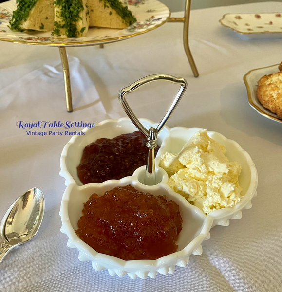 Milk Glass 3-Section Tray. Party Rental for your tea party by Royal Table Settings