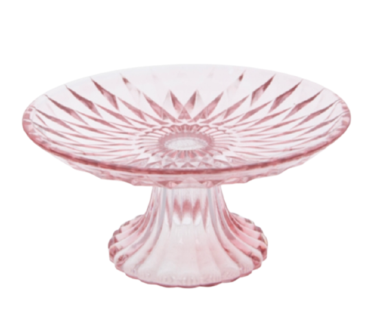 Small Pink Glass Diamond Pedestal Serving Plates / Cake Stands for Rent by Royal Table Settings. Pink glassware rentals. 