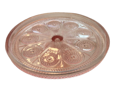 Pink Glass Cake Stand Raised Edge.  Rentals by Royal Table Settings. 