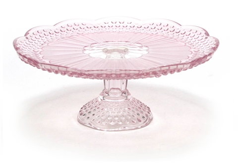 Large 11" or 13" Pink Glass Hobnail Cake Stand / Pink Glass Cake Stands for Rent by Royal Table Settings. Pink glassware rentals. 