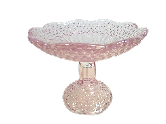 Small 7" Pink Glass Hobnail Pedestal Stand for rent by Royal Table Settings.