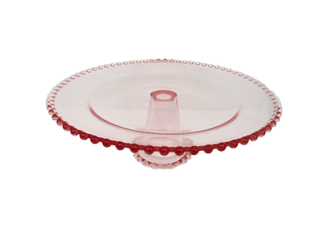 Pink glass cake stands with beaded edge for rent by Royal Table Settings. Pibk glassware rentals.