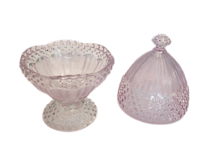 9 1/2" Pink Glass Footed Candy Dish with Lid. Vintage Party Rentals By Royal Table Settings.