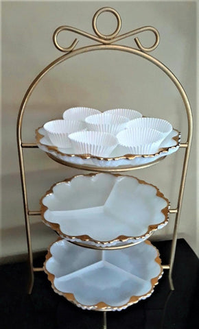 3-Tier Metal Stand With Milk Glass Plates. Vintage Party Rentals. Royal Table Settings